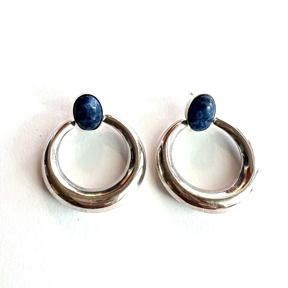 Vintage sterling silver and lapis Hoop Earrings - Picture 2 of 4